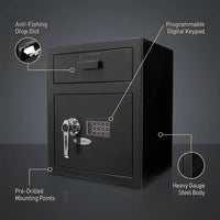 1.1 Cu. Ft. Steel Large Keypad Depository Safe, Black — infographic